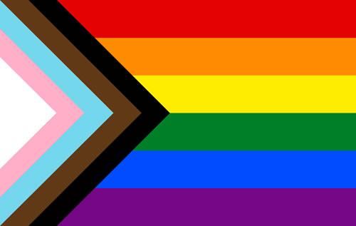 Pride flag, new version with rainbow colours and chevron of white, pink, blue, brown and black